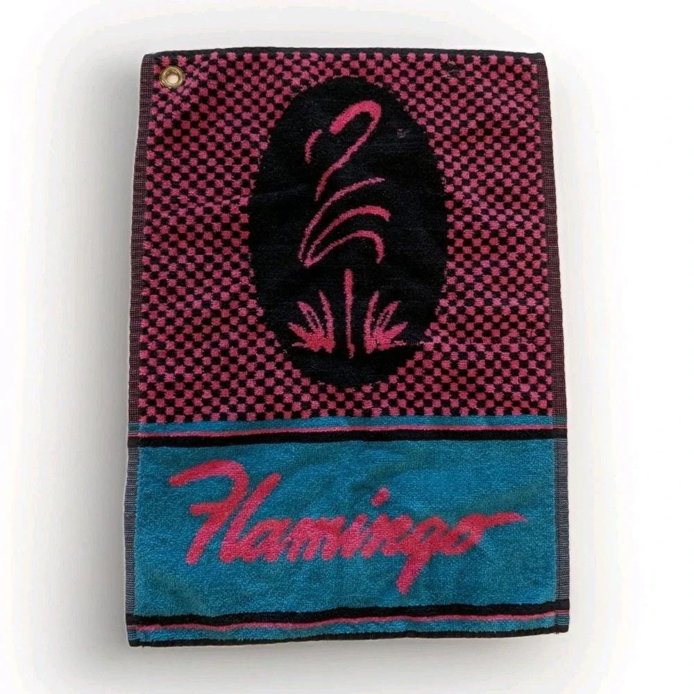VTG Sir Christopher Hatton Flamingo Golf Towel Neon Pink Teal 80s 90s Gorpcore